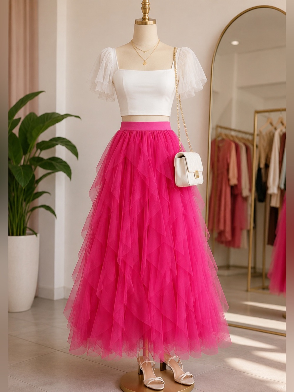 Women's Hot Pink Tulle Maxi Skirt - Elegant Layered Design - Picture 3 of 4